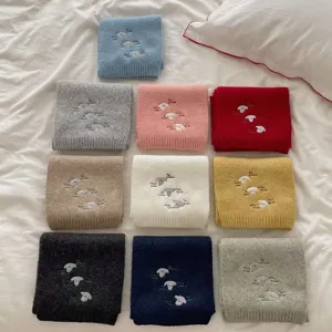 Winter Warm Wool Blend Knitted Scarf Solid Color Animal Embroidery Fashion Long Scarf For Women Daily Accessories