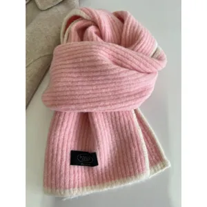 Japanese style solid color pink knitted scarf with beige piping for women, soft and warm.