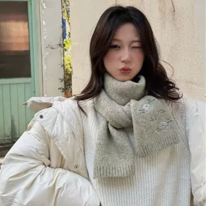 Korean style wool blend embroidered scarf for women winter warm knitted neck wrap fashion chic