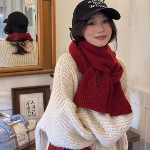 Japanese style solid wool blend scarf for women, cozy autumn winter embroidered letter shawl.