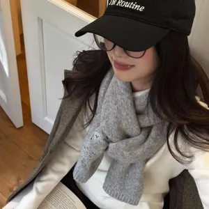 Korean style wool blend embroidered scarf autumn winter women solid color knitted warm wrap
