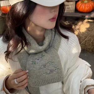 Cozy wool blend knit scarf with cute embroidery detail, soft and warm winter neck warmer.