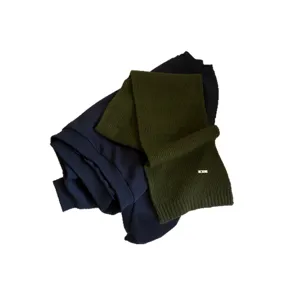Cozy wool blend knit scarf and dark blue top set for women autumn winter warm fashion styling.
