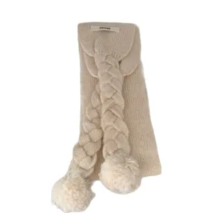 Beige knit scarf with braided design and cute pom poms for women autumn winter warm.