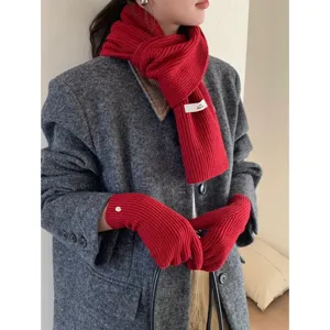 Korean winter red knit scarf and gloves set for women, cozy warm neck wrap windproof accessory.