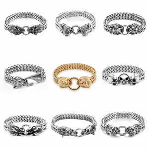 Stainless steel Nordic Viking wolf head chain bracelet for men hip hop jewelry detail view