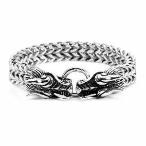 Stainless steel men's Viking wolf head chain bracelet, detailed view of retro metal design.
