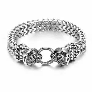 Men's stainless steel double wolf head ring clasp chain bracelet punk hip hop biker jewelry