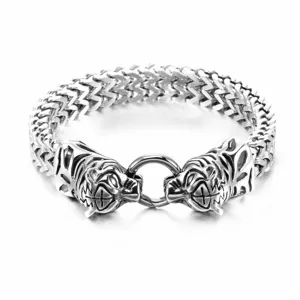 Detailed close-up shot of the stainless steel men's animal head chain bracelet showcasing links.