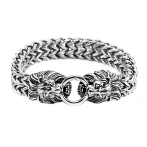 Detailed view of the stainless steel heavy chain bracelet featuring double animal heads and ring clasp.