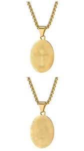 Men's stainless steel gold tone oval saint medallion pendant necklace with wheat chain.
