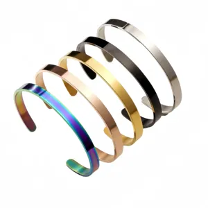 Smooth titanium steel open cuff bracelet set, minimalist C-shaped metal bangles for daily wear.