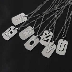 Stainless steel letter necklace detail, hip hop style dog tag pendant for men and women.