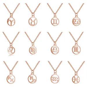 Stainless Steel Zodiac Constellation Pendant Necklace Hollow Round Tag Fine Chain Minimalist Jewelry For Women