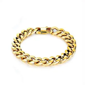 Men's gold Cuban link chain bracelet, heavy stainless steel hip-hop thick chain jewelry detail.