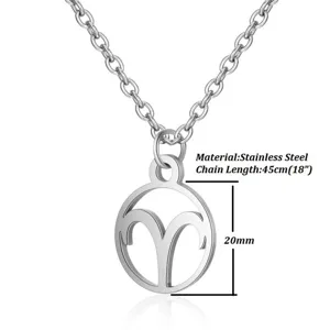 Stainless steel Aries zodiac pendant necklace with 45cm chain, 20mm minimalist charm jewelry.