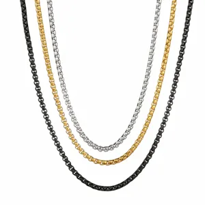 Stainless steel square chain necklace for men, stylish metallic textured jewelry accessory detail.