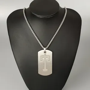 Stainless steel dog tag pendant necklace with cutout letter T for hip hop street style.
