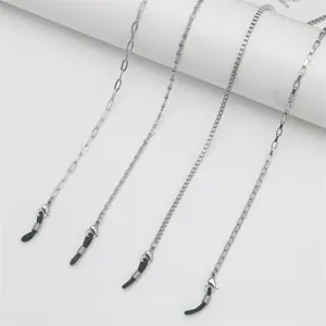 Stainless steel eyeglass chain mask lanyard set with various metal links and rubber ends.