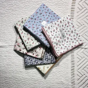 Vintage floral cotton square scarf with delicate lace trim, pastoral style hair band for women.