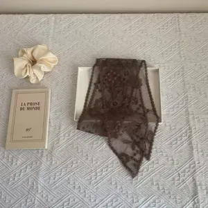 Japanese retro brown lace ribbon scarf, elegant floral embroidered long decorative neck scarf.