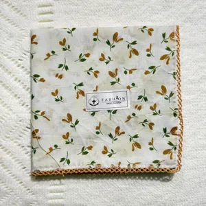 Vintage floral print cotton handkerchief with delicate lace trim, elegant spring square scarf.