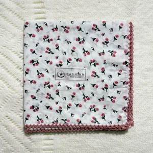 Vintage floral printed cotton square scarf pastoral style handkerchief lace trim detail