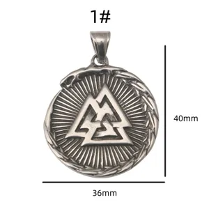 Closeup of stainless steel Valknut rune pendant detail showing vintage texture and dimensions.