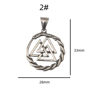 Close-up of the vintage stainless steel Valknut rune pendant, showing intricate details.