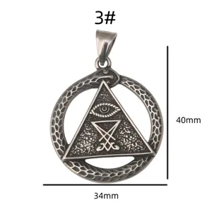 Vintage stainless steel occult pendant detail, Ouroboros triangle eye sigil view