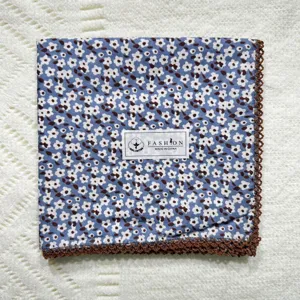 Korean vintage floral cotton handkerchief with brown lace trim, elegant pastoral neckerchief.