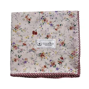 Korean vintage floral cotton square scarf with delicate lace border for women daily wear