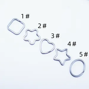 Stainless steel shaped key rings, durable metal split keychains, various geometric designs.