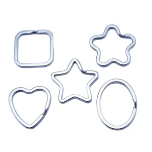 Stainless steel shaped key rings set, assorted geometric metal key chains for DIY crafts.