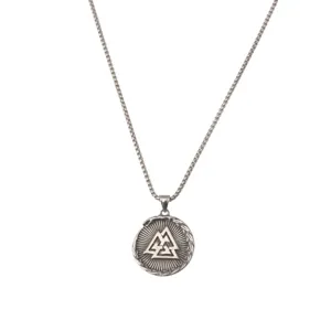 Close-up detail of the vintage stainless steel Norse Valknut pendant necklace jewelry.