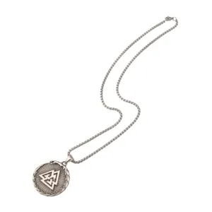 Vintage stainless steel Valknut rune pendant necklace, Nordic hip-hop jewelry detail.