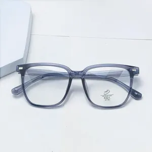 Close-up detail of clear grey square optical glasses frame, lightweight TR90 daily wear.