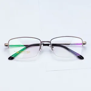 Men business semi-rimless titanium eyeglasses frame detail view showing model and size markings.