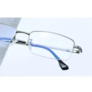 Vista dettagliata di montature per occhiali da vista in metallo semi-rimless blu.