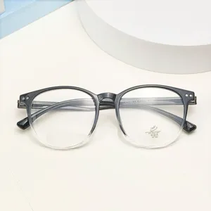 Detailed close-up of retro TR90 anti-blue light optical glasses frame with clear lens marks.