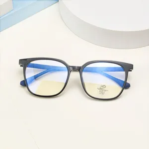 Detailed close-up of the black square optical glasses frame featuring blue light blocking lenses.