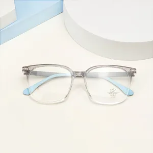Detailed view of the clear grey square TR90 optical glasses with anti-blue light lenses.