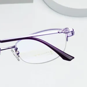 Women semi-rimless titanium alloy optical glasses frame with elegant purple oval design.