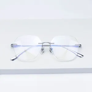Monture de lunettes sans contour en titane avec verres biseautés diamant, grand métal.