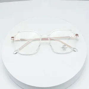 Detailed view of trendy polygonal clear frame glasses with thin metal temples for stylish daily wear.