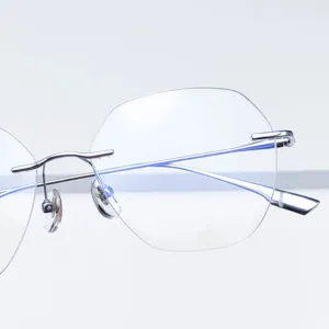 Monture de Lunettes Sans Monture en Titane Pur Hommes Femmes Designer Grand Bord Taillé en Diamant Lunettes de Vue Optiques