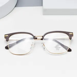 Stylish half-frame anti-blue light glasses with brown browline and gold metal rim for men and women.