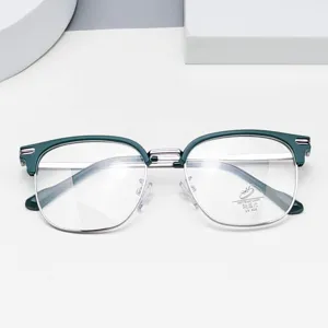 Trendy half rim blue blocking glasses with metallic frame for daily casual wear style.