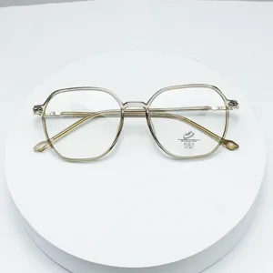 Clear multi-sided optical glasses frame, anti-blue light lens detail view, trendy eyewear.