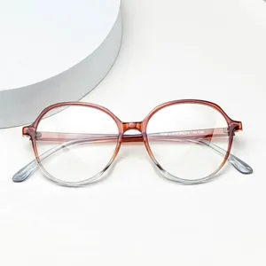 Detail view of lightweight TR90 optical glasses frame with stylish gradient brown finish.